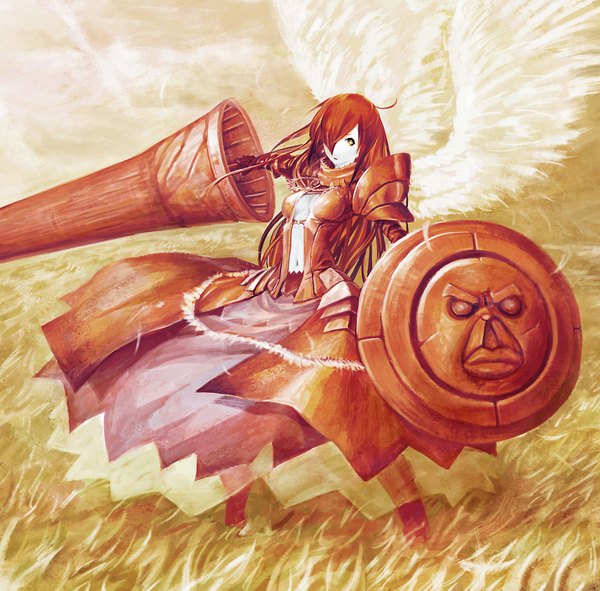 Anime picture 1974x1945 with original youtsuu single long hair fringe highres breasts standing brown eyes red hair hair over one eye pale skin angel girl dress gloves navel weapon wings boots