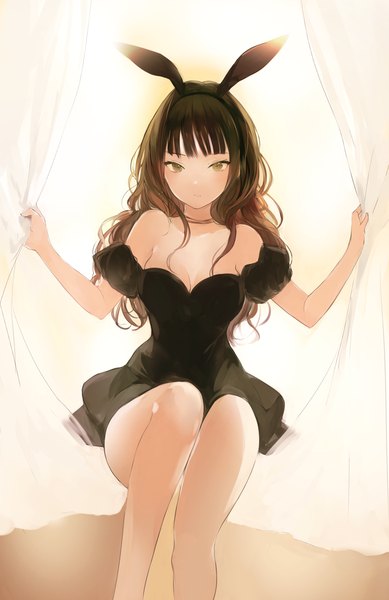 Anime picture 700x1079 with original lpip single long hair tall image looking at viewer fringe breasts light erotic brown hair sitting bare shoulders holding brown eyes animal ears cleavage parted lips :o midriff puffy sleeves