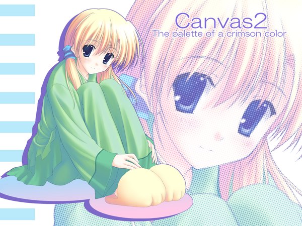 Anime picture 1280x960 with canvas 2 housen elis single long hair looking at viewer blue eyes blonde hair white background full body copyright name zoom layer girl shoes slippers