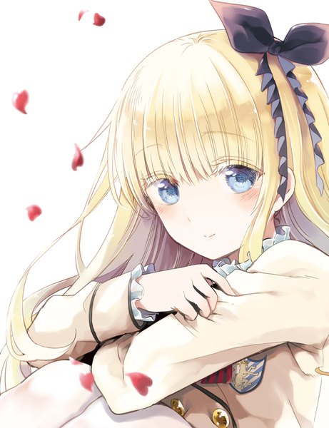 Anime picture 1378x1792 with kishuku gakkou no juliet lidenfilms juliet persia natsupa single long hair tall image looking at viewer blush fringe blue eyes simple background blonde hair white background blunt bangs light smile official art crossed arms girl uniform