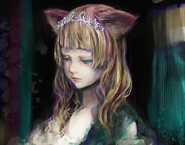 Anime picture 2000x1574 with original densen maniya single long hair fringe highres blonde hair green eyes animal ears girl tiara