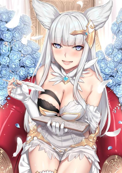 Anime picture 848x1200 with granblue fantasy korwa (granblue fantasy) deras single long hair tall image looking at viewer blush fringe breasts open mouth blue eyes light erotic smile large breasts sitting bare shoulders holding animal ears cleavage