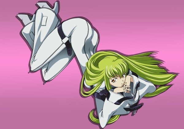 Anime picture 3000x2110 with code geass sunrise (studio) c.c. single long hair looking at viewer fringe highres light erotic yellow eyes lying green hair pink background vector girl