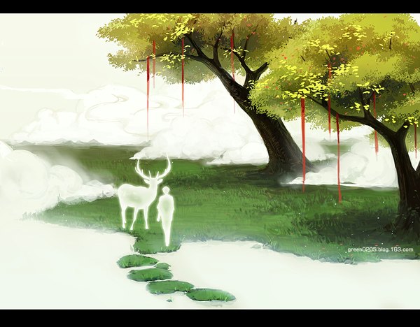 Anime picture 1000x781 with original green (pixiv) signed horn (horns) smoke silhouette plant (plants) animal tree (trees) grass deer