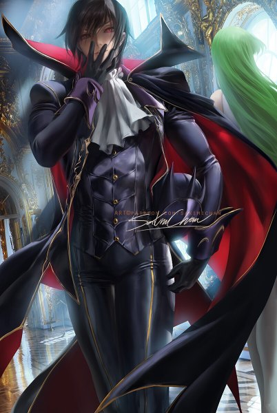 Anime picture 804x1200 with code geass sunrise (studio) c.c. lelouch lamperouge sakimichan long hair tall image looking at viewer fringe short hair black hair hair between eyes red eyes standing signed indoors green hair light smile from behind realistic