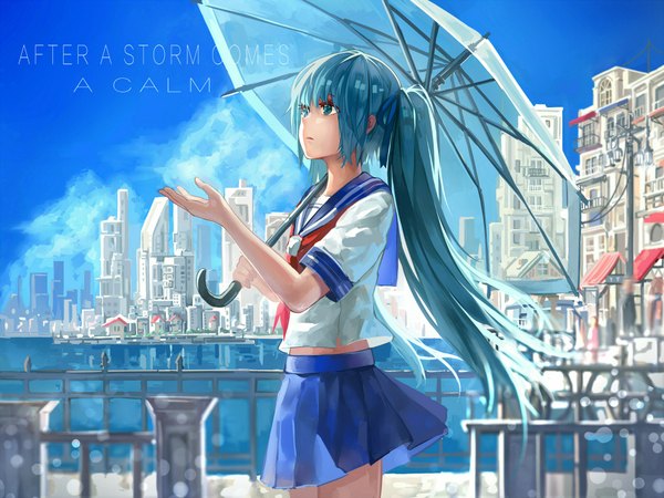 Anime picture 2000x1500 with vocaloid hatsune miku hunxiao xingshuang single long hair fringe highres twintails sky cloud (clouds) aqua eyes aqua hair text outstretched arm city looking up english transparent umbrella girl skirt