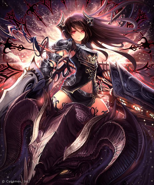 Anime-Bild 2083x2500 mit shingeki no bahamut tachikawa mushimaro (bimo) single long hair tall image looking at viewer fringe highres hair between eyes red eyes brown hair sitting holding yellow eyes absurdres outdoors horn (horns) wind scan bare belly