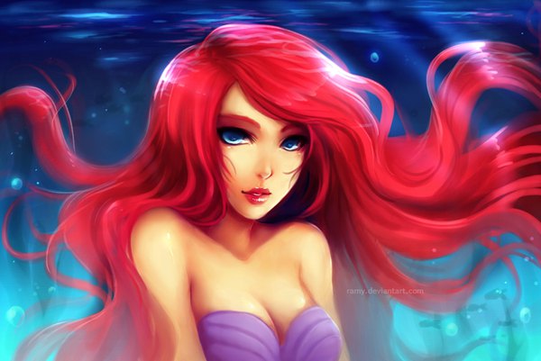 Anime picture 800x535 with the little mermaid disney ariel ramy (artist) single long hair looking at viewer blue eyes signed upper body red hair lipstick underwater red lipstick makeup girl bubble (bubbles) algae shell bikini