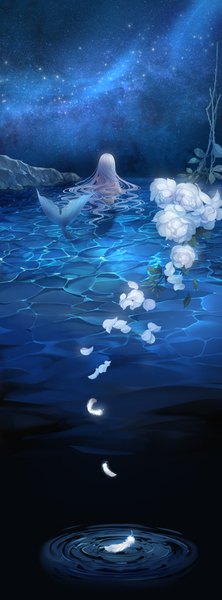 Anime picture 1671x4500 with miracle nikki tagme (artist) single long hair tall image silver hair from behind night night sky partially submerged back milky way girl flower (flowers) petals water rose (roses) star (stars) feather (feathers) white rose