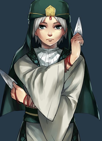Anime picture 790x1090 with magi the labyrinth of magic a-1 pictures ja'far (magi) shiromi (ringo) single tall image short hair simple background green eyes white hair grey background boy weapon headdress thread arabian clothes