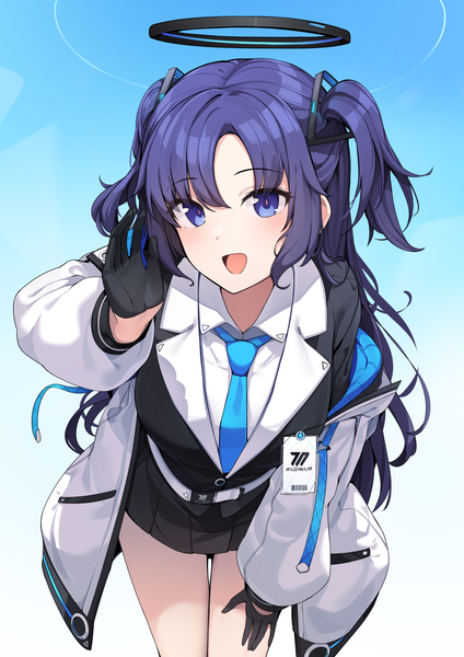 Anime-Bild 1240x1754 mit blue archive yuuka (blue archive) ddangbi single long hair tall image looking at viewer open mouth purple eyes purple hair :d open jacket leaning two side up leaning forward girl gloves black gloves necktie jacket
