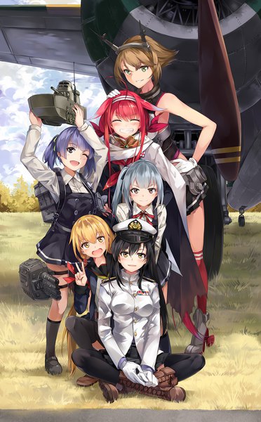 Anime picture 1054x1700 with kantai collection mutsu battleship kasumi destroyer female admiral (kantai collection) satsuki destroyer kawakaze (kantai collection) ooshio destroyer neko (yanshoujie) long hair tall image looking at viewer blush short hair open mouth black hair blonde hair smile brown hair standing sitting