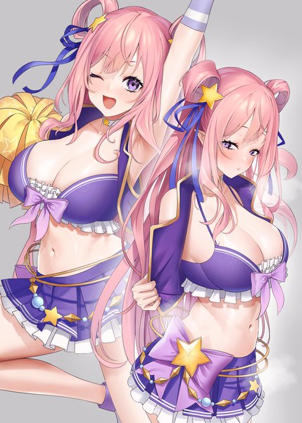 Anime picture 2220x3106 with princess connect! hatsune (princess connect!) aya (lezon) long hair tall image looking at viewer blush highres breasts open mouth light erotic simple background large breasts standing purple eyes holding pink hair cleavage bent knee (knees) pleated skirt