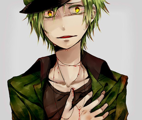 Anime picture 1124x949 with happy tree friends flippy single short hair open mouth simple background yellow eyes green hair open clothes open shirt tears personification boy blood cap thread red thread