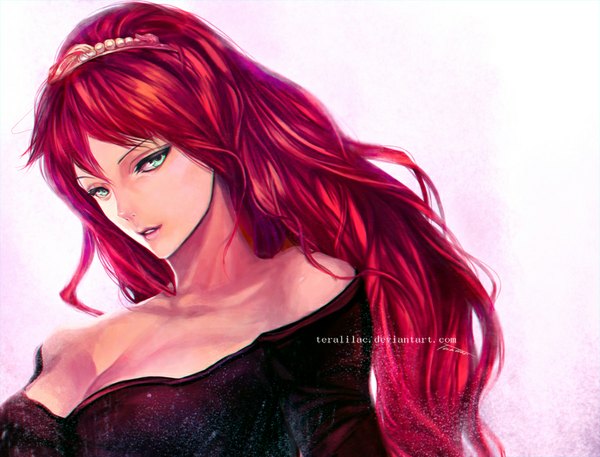 Anime picture 900x686 with original teralilac single long hair looking at viewer fringe bare shoulders green eyes red hair parted lips close-up girl hair ornament beads tiara