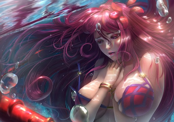 Anime picture 2300x1626 with fate (series) fate/grand order scathach (fate) (all) scathach (swimsuit assassin) (fate) limgae single long hair blush fringe highres breasts light erotic hair between eyes purple eyes bare shoulders looking away purple hair upper body parted lips hair flower