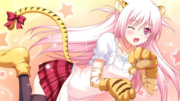 イラスト 1024x576 と プライマリーステップ 長髪 赤面 開いた口 wide image 獣耳 ピンク髪 game cg animal tail ピンク目 女の子 ストッキング スカート 黒ストッキング ミニスカート エプロン