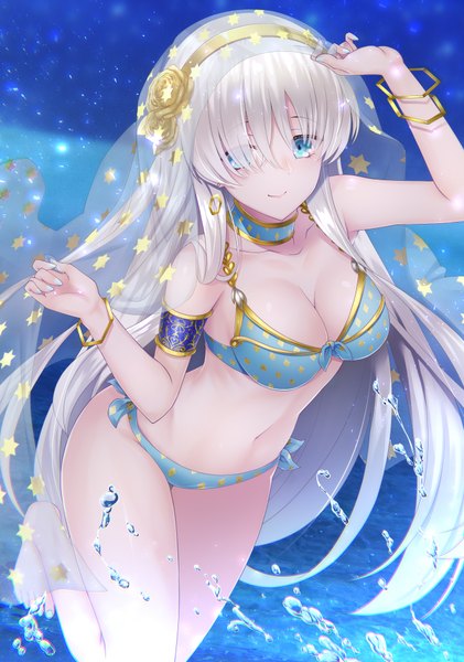 Anime picture 1404x2000 with fate (series) fate/grand order anastasia (fate) emanon123 single long hair tall image looking at viewer blush fringe breasts blue eyes light erotic smile large breasts standing bare shoulders cleavage silver hair outdoors
