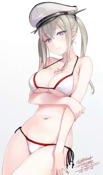 Anime picture 590x1000 with kantai collection graf zeppelin (kantai collection) rokuwata tomoe single long hair tall image blush fringe breasts light erotic simple background blonde hair smile hair between eyes large breasts standing white background purple eyes twintails bare shoulders