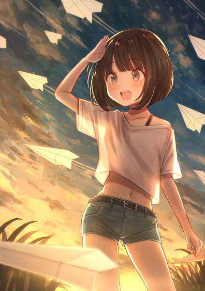 Anime picture 1457x2064 with original tanbonota46 single tall image blush fringe short hair open mouth smile brown hair standing brown eyes looking away sky cloud (clouds) outdoors blunt bangs :d arm up off shoulder