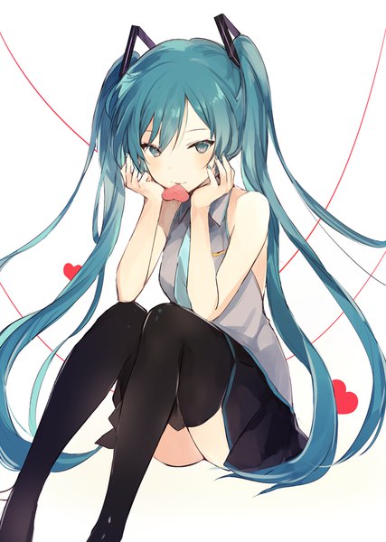 Anime-Bild 650x914 mit vocaloid hatsune miku lpip single long hair tall image looking at viewer blush fringe simple background hair between eyes white background sitting twintails holding payot aqua eyes aqua hair mouth hold chin rest