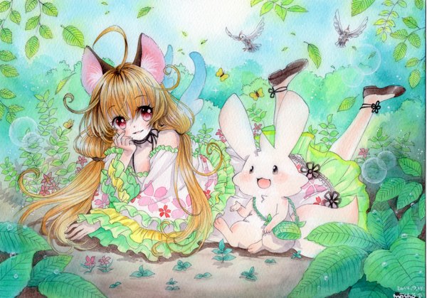 Anime picture 1500x1049 with original mosho single long hair blush blonde hair red eyes twintails bare shoulders signed animal ears looking away sky ahoge low twintails on stomach chin rest traditional media watercolor (medium) girl