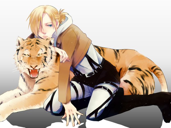 Anime picture 1280x960 with shingeki no kyojin production i.g annie leonhart tokiji fringe short hair blue eyes simple background blonde hair sitting hair over one eye shadow girl animal jacket boots belt pants knee boots tiger