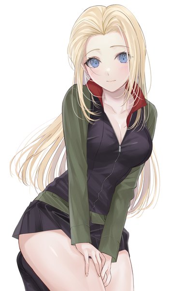 Anime picture 1200x2048 with girls und panzer clara (girls und panzer) mexif single long hair tall image looking at viewer blush breasts blue eyes light erotic simple background blonde hair white background cleavage girl