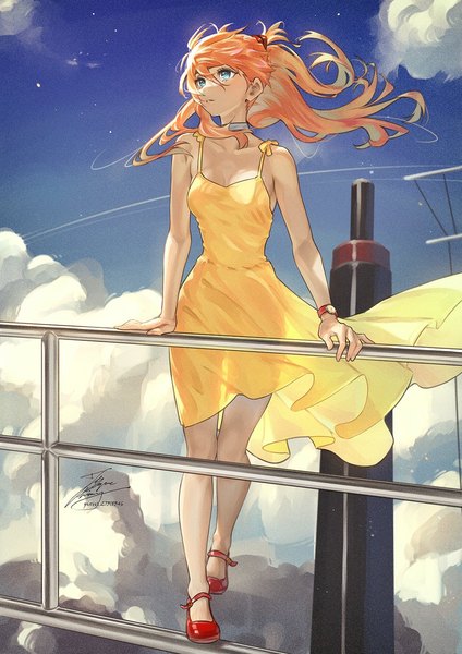 Anime picture 1061x1500 with neon genesis evangelion gainax soryu asuka langley fadingz single tall image fringe blue eyes hair between eyes standing bare shoulders looking away sky cloud (clouds) full body outdoors parted lips wind orange hair arm support