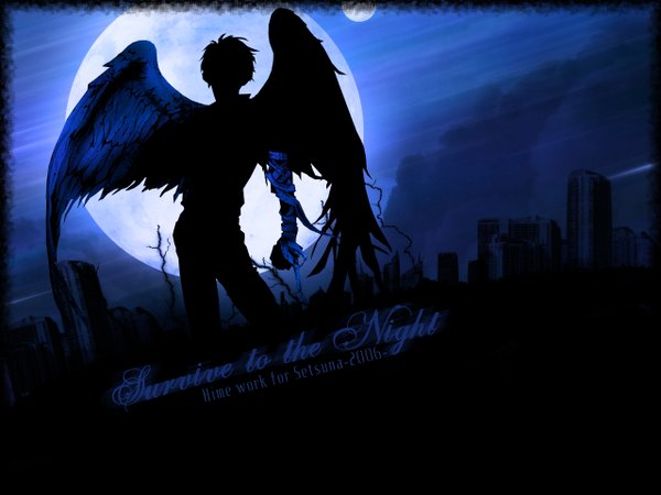 Anime picture 1280x960 with angel sanctuary silhouette wings moon bandage (bandages)