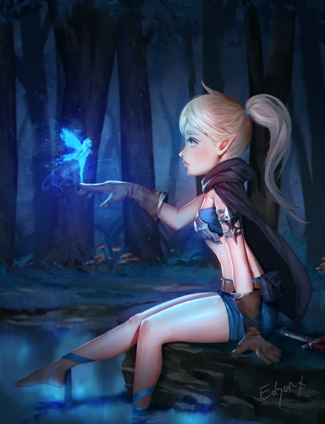Anime picture 1400x1830 with original eason single long hair tall image blush blue eyes blonde hair sitting signed ponytail pointy ears dark background elf fantasy fairy girl gloves ribbon (ribbons) plant (plants)