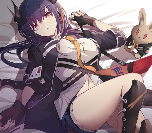 Anime picture 1500x1311 with arknights ch'en (arknights) stratoz single long hair looking at viewer fringe hair between eyes red eyes blue hair lying horn (horns) bare belly girl gloves navel necktie shorts fingerless gloves short shorts