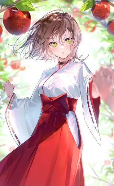 Anime picture 1842x3002 with original miwano rag tall image looking at viewer blush fringe highres short hair green eyes traditional clothes parted lips japanese clothes wind blurry scan wide sleeves holding hands solo focus miko girl