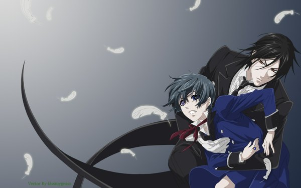 Anime picture 2000x1250 with kuroshitsuji a-1 pictures sebastian michaelis ciel phantomhive highres short hair black hair red eyes wide image looking away multiple boys heterochromia vector butler boy gloves necktie shorts 2 boys feather (feathers)