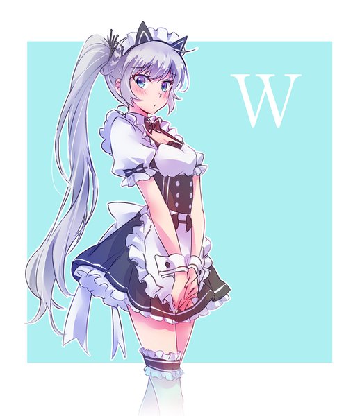 Anime picture 1280x1511 with rwby rooster teeth weiss schnee iesupa single long hair tall image looking at viewer breasts blue eyes simple background silver hair short sleeves maid alternate costume puffy sleeves side ponytail scar outline girl