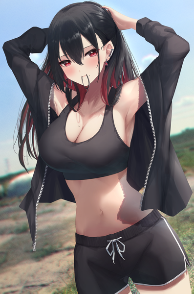 Anime picture 2344x3541 with original amane sora single long hair tall image looking at viewer blush fringe highres breasts light erotic black hair red eyes large breasts holding sky cleavage outdoors red hair long sleeves