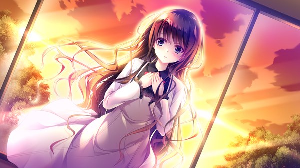 Anime picture 2560x1440 with koi wa sotto saku hana no you ni ensemble (studio) toudou nazuna tagme (artist) single long hair looking at viewer blush fringe highres blue eyes brown hair wide image standing game cg sky cloud (clouds) indoors long sleeves parted lips