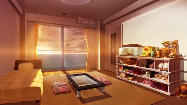 Anime picture 2560x1440 with grisaia no kajitsu highres wide image sky cloud (clouds) sunlight no people water window bed toy stuffed animal sun room aquarium