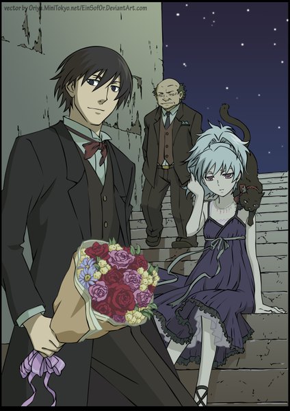 Anime picture 2223x3149 with darker than black studio bones yin (darker than black) hei (darker than black) mao (darker than black) huang oriya long hair tall image highres short hair black hair silver hair ponytail vector formal girl flower (flowers) animal rose (roses)