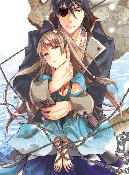 Anime picture 882x1200 with aoki umi no toraware hime matsurika raju long hair tall image looking at viewer short hair blue eyes brown hair standing purple eyes long sleeves traditional clothes grey hair open clothes open jacket official art couple hug bondage