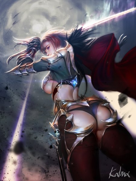 Anime picture 1400x1861 with league of legends fiora (league of legends) kalmajh single tall image fringe short hair breasts light erotic large breasts standing signed looking away sky ass outdoors profile multicolored hair wind from behind