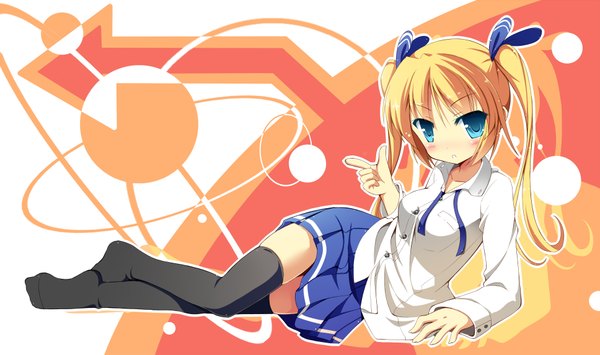 Anime picture 1935x1145 with masaki (machisora) single long hair blush highres blue eyes blonde hair wide image twintails girl thighhighs skirt uniform black thighhighs school uniform miniskirt shirt