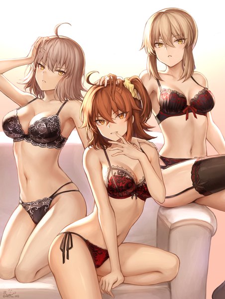 Anime picture 1302x1727 with fate (series) fate/grand order artoria pendragon (all) jeanne d'arc (fate) (all) jeanne d'arc alter (fate) saber alter fujimaru ritsuka (female) mashuu (neko no oyashiro) tall image looking at viewer blush fringe short hair breasts light erotic simple background blonde hair hair between eyes large breasts sitting