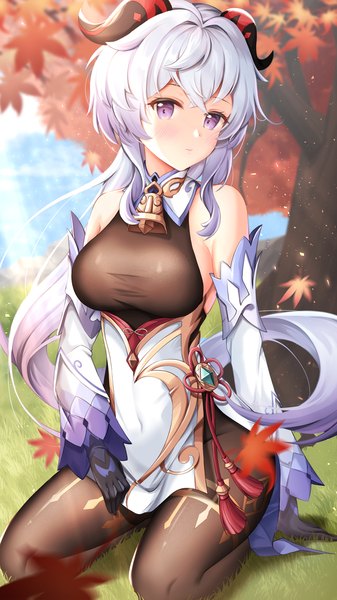 Anime picture 1190x2120 with genshin impact ganyu (genshin impact) lancheu single long hair tall image looking at viewer blush fringe breasts light erotic large breasts sitting purple eyes outdoors long sleeves traditional clothes horn (horns) sunlight aqua hair