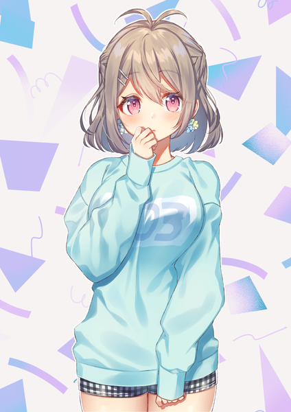 Anime picture 1061x1500 with original moyui (myi 005) single tall image looking at viewer blush fringe short hair breasts simple background hair between eyes standing ahoge long sleeves pink eyes grey hair hand to mouth girl earrings shorts