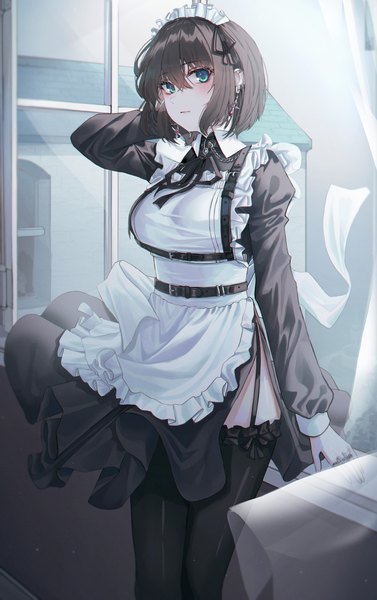 Anime picture 3766x6000 with original domi (hyaku8795) single tall image looking at viewer fringe highres short hair black hair hair between eyes standing green eyes absurdres indoors long sleeves arm up maid arm behind head side slit anaglyph