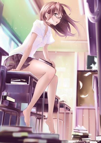 Anime picture 1357x1920 with original poker-face-008 single long hair tall image looking at viewer brown hair sitting brown eyes wind classroom girl skirt uniform school uniform shirt glasses white shirt book (books) desk