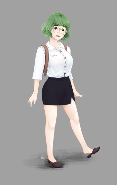 Anime-Bild 1299x2048 mit original momo (jubi) jubi (regiana) single tall image looking at viewer fringe short hair breasts open mouth simple background large breasts standing green eyes signed full body blunt bangs green hair realistic grey background