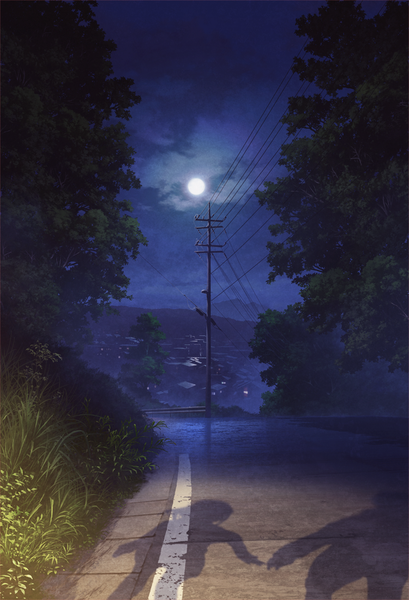 Anime picture 750x1100 with original mocha (cotton) tall image sky cloud (clouds) outdoors night shadow street plant (plants) tree (trees) building (buildings) moon grass full moon power lines