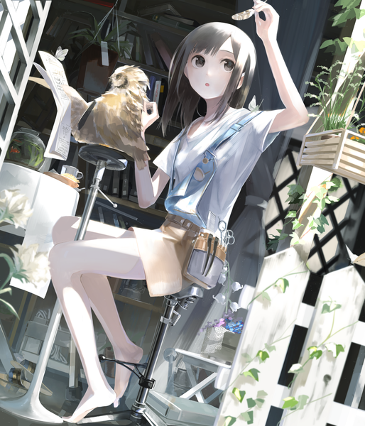 Anime picture 1951x2277 with original aspara single long hair tall image fringe highres open mouth black hair sitting holding full body bent knee (knees) barefoot arm up black eyes bare legs short sleeves turning head looking up